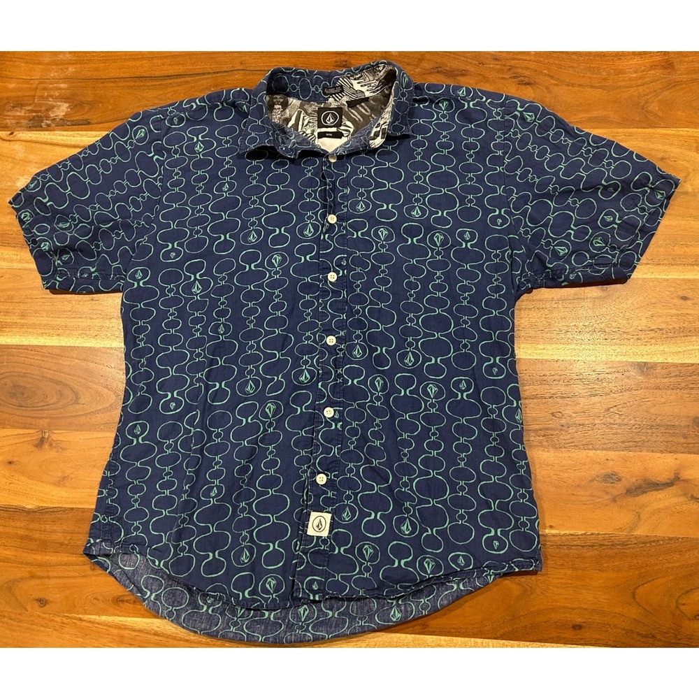 Volcom Stone Mens Blue Teal Geometric Logo Button Down Shirt Classic Fit Medium